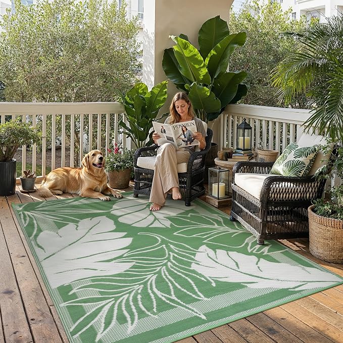 HUGEAR 6'x9' Outdoor Rug Waterproof Plastic Straw Rugs Green Reversible Olive Leaf Mat Floor Carpet for Camping RV Deck Entryance Porch Picnic Balcony Beach Backyard
