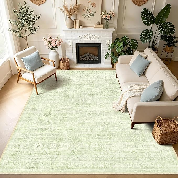 8x10 Area Rugs for Living Room, Neutral Vintage Boho Carpet, Light Green | TTelephant Washable Low Pile Indoor Rug for Bedroom and Nursery with Non-Slip Silicone Backing, Non-Shedding