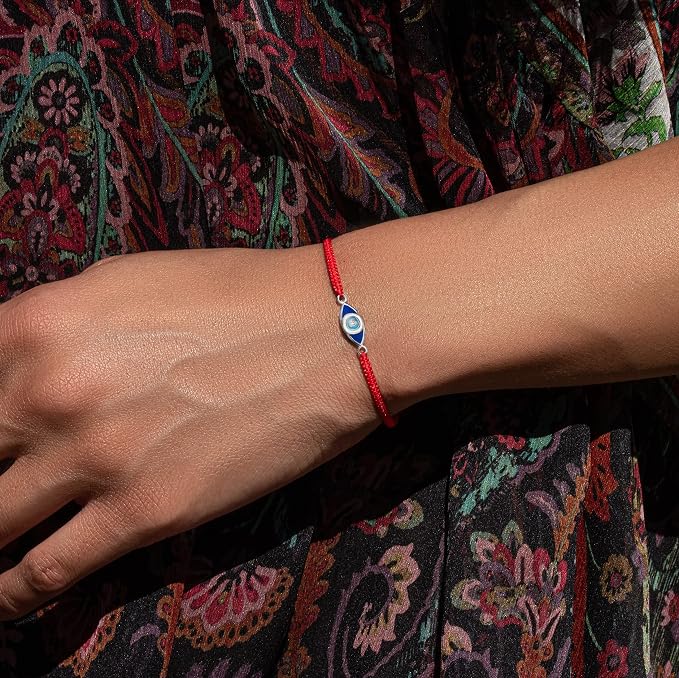 Karma and Luck - Men's 925 Sterling Silver Evil Eye Charm Red String Adjustable Bracelet & Women's 925 Sterling Silver Evil Eye Embedded Diamond Chip Charm Red String Adjustable Bracelet for him & her