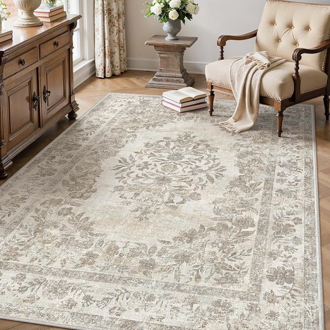 PureCozy 4x6 Area Rug Beige Washable Office Vintage Distressed Carpet Bedroom Indoor Medallion Floral Living Room Non Slip Retro Throw Floor Mat for Dining Room Kitchen Bathroom