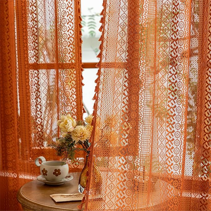 Sutuo Home Boho Lace Curtains 2 Panel Sets for Bedroom Living Room, Semi Sheer Curtains French Country Privacy Vintage Tassels Orange Victorian Style Rustic Decor Rod Pocket,50" x 96" Terracotta