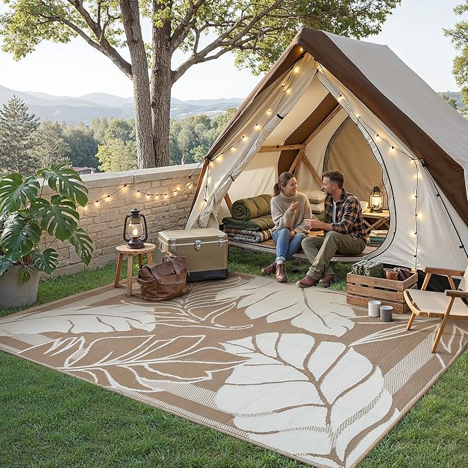 HUGEAR 8'x10' Outdoor Rug Waterproof Plastic Straw Rugs Large Brown Reversible Olive Leaf Mat Floor Carpet for Camping RV Deck Entryance Porch Picnic Balcony Beach Backyard