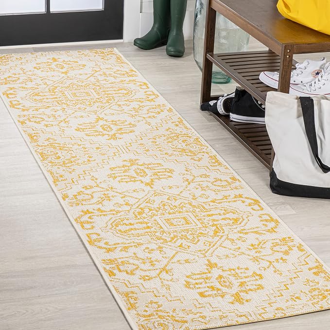 JONATHAN Y Boho Medallion Indoor Outdoor Runner Rug 2X10 Cream/Yellow, Estrella Textured Weave for Backyard, Patio, Porch, Easy-Cleaning, High Traffic, Pet-Friendly, Non-Shedding (SMB105H-210)