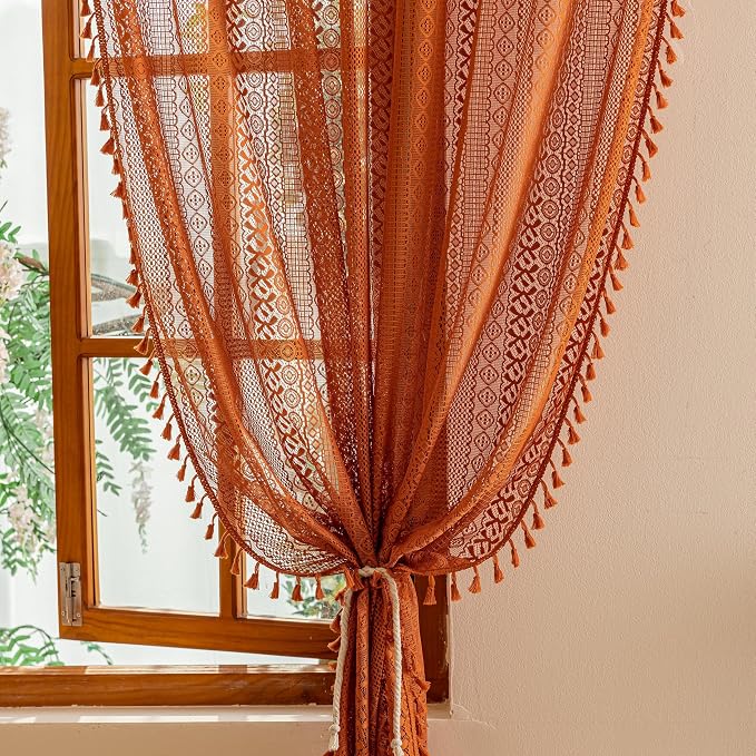 Sutuo Home Boho Lace Curtains 2 Panel Sets for Bedroom Living Room, Semi Sheer Curtains French Country Privacy Vintage Tassels Orange Victorian Style Rustic Decor Rod Pocket,50" x 96" Terracotta