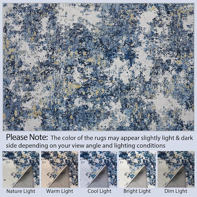 Area Rug Living Room Rugs: 5x7 Washable Rug with Anti-Slip Backing Non-Shedding Stain-Resistant Foldable Modern Abstract Carpet for Bedroom Dining Room Nursery Home Office (Blue/Multi)