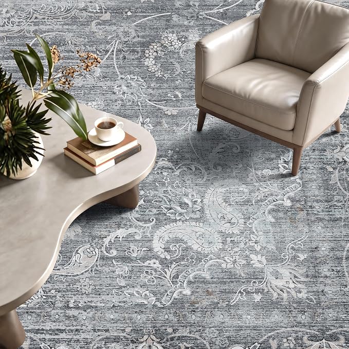 5x7 Area Rugs, Vintage Boho Carpet for Bedroom, Living Room, Gray | TTelephant Washable Low Pile Rug for Dining Roomwith Non-Slip Silicone Backing, Stain Resistant