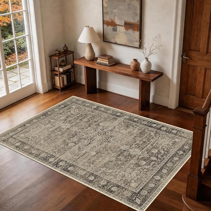 4x6 Entryway Rug, Vintage Medallion Carpet for Bedroom, Brown | for Living Room and Kitchen, Washable Low Pile Indoor Rug with Non-Slip Silicone Backing, Non-Shedding Stain Resistant