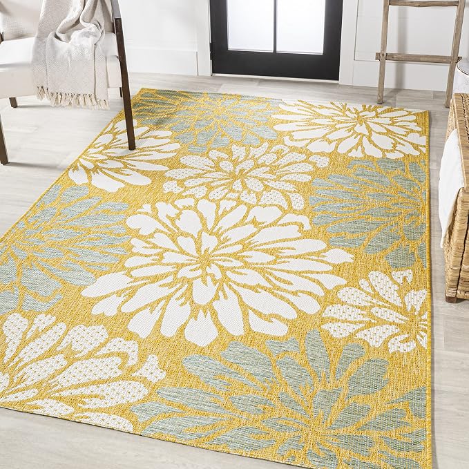 JONATHAN Y Floral Textured Weave Indoor Outdoor Area Rug 9X12 Yellow/Cream, Zinnia Modern for Backyard, Patio, Porch, Easy-Cleaning, High Traffic, Pet-Friendly, Non-Shedding (SMB110G-9)