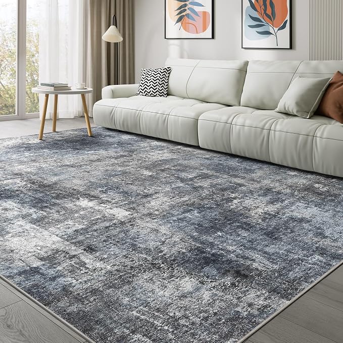 Abstract 6x9 Area Rug: Machine Washable Non Slip Ultra Thin Low-Pile Carpet, Soft Stain Resistant for Living Room Bedroom Nursery, Kid Pet Friendly, Robot Vacuum Compatible - Dark Grey/Blue