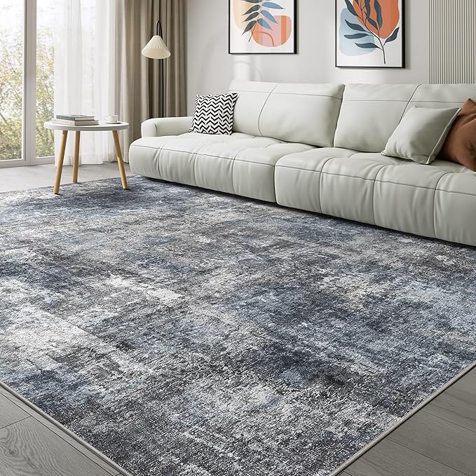 Abstract 10x12 Area Rug: Machine Washable Non Slip Ultra Thin Low-Pile Carpet, Soft Stain Resistant for Living Dining Room Bedroom, Kid Pet Friendly, Robot Vacuum Compatible - Dark Grey/Blue