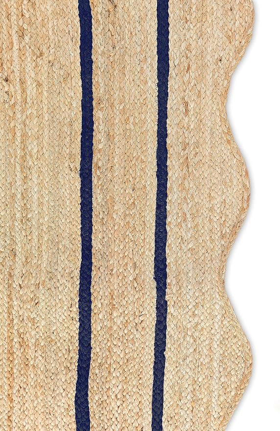 Wave Scalloped Natural Jute Boho Entryway Runner Farmhouse Scallop Rug, Navy (2'x3')