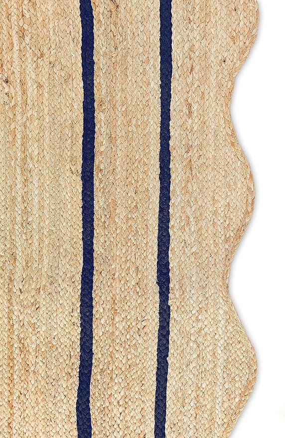 Wave Scalloped Natural Jute Rug - Boho Entryway Runner, Farmhouse Scallop, Navy (2'6"x6')