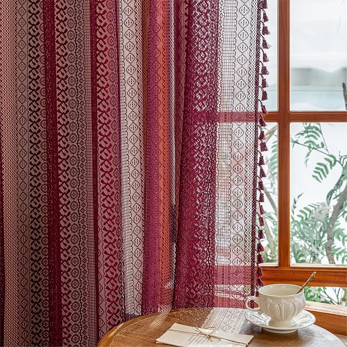 Sutuo Home Burgundy Boho Lace Curtains 72 inch Lengh for Nursery Bedroom Bathroom, Red Semi Sheer Curtains Privacy Crochet Vintage Tassels Bohemian Drapes Window Treatments Rod Pocket, 2 Panels 50" W