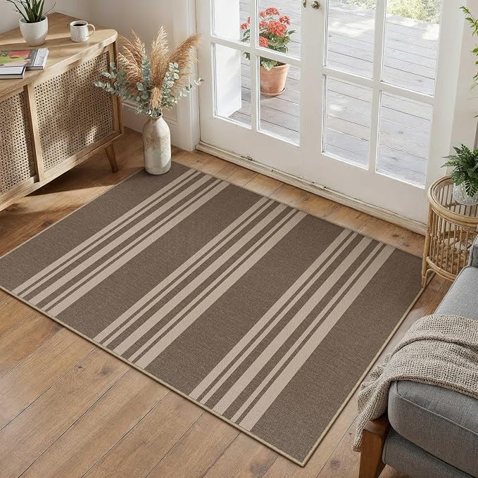 PureCozy Outdoor Rug 2x3 Washable Striped Jute Look Non Slip Mat | Brown Stripe Farmhouse Design, Indoor Outdoor Entryway Door Mat for Kitchen, Mudroom and Bathroom, Non Shedding, Easy Care