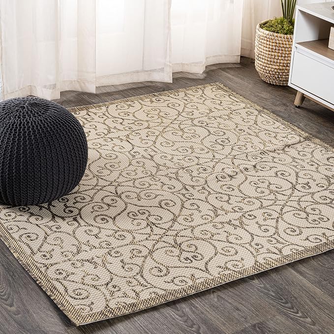 JONATHAN Y Vintage Filigree Indoor Outdoor Square Area Rug 8X8 Beige/Brown, Madrid Textured Weave for Backyard, Patio, Porch, Easy-Cleaning, High Traffic, Pet-Friendly, Non-Shedding (SMB107B-8SQ)