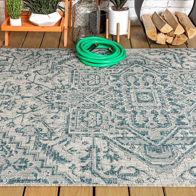 JONATHAN Y Boho Medallion Indoor Outdoor Area Rug 4X6 Teal/Gray, Estrella Textured Weave for Backyard, Patio, Porch, Easy-Cleaning, High Traffic, Pet-Friendly, Non-Shedding (SMB105C-4)
