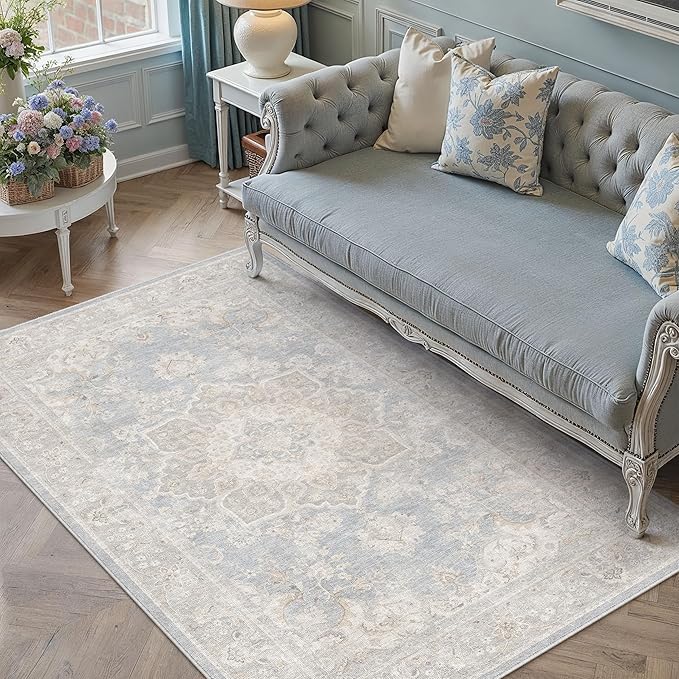 PureCozy 3x5 Washable Small Area Rug Blue Vintage Oriental Medallion | Non Slip, Soft Low Pile, Carpet for Dorm Room, Bedroom, Closet, Retro Decor