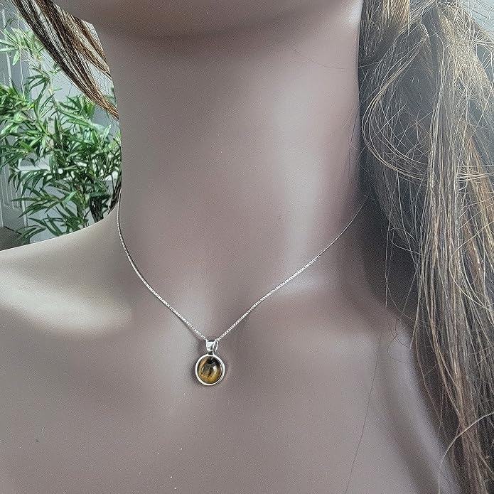 Natural gemstone 8mm round pendant with white gold over 925 sterling silver bezel cabochon plate and box chain, real genuine dainty birthstone gift for her, uniquelan jewelry