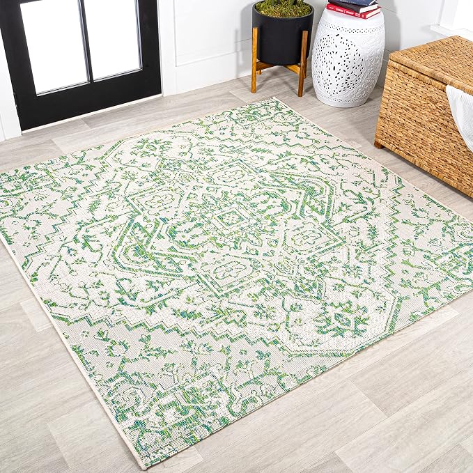 JONATHAN Y Boho Medallion Indoor Outdoor Square Area Rug 5X5 Green/Cream, Estrella Textured Weave for Backyard, Patio, Porch, Easy-Cleaning, High Traffic, Pet-Friendly, Non-Shedding (SMB105G-5SQ)