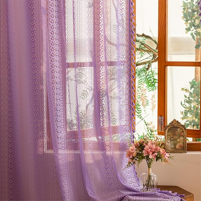 Sutuo Home Lavendar Boho Lace Curtains 72 inch Lengh for Nursery Bedroom, Purple Sheer Curtains Privacy Crochet Vintage Chic Tassels Bohemian Window Treatments Geometry Rod Pocket, 2 Panels 50" W