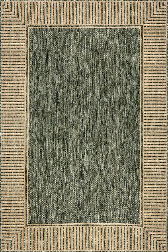 Nuloom Asha Green/Brown, 9'6" x 12', Casual, Striped Border, Soft and Cozy, High Traffic, Easy Clean, Durable Area Rug for Indoor/Outdoor Patio, Deck, Porch, Garden, Courtyard