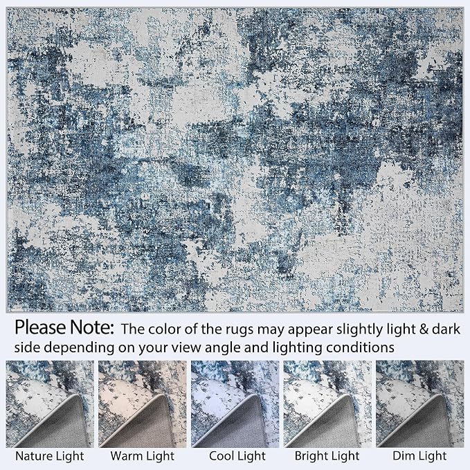 Area Rug Living Room Rugs: 5x7 Washable Rug with Anti-Slip Backing Non-Shedding Stain-Resistant Foldable Modern Abstract Carpet for Bedroom Dining Room Nursery Home Office (Blue)