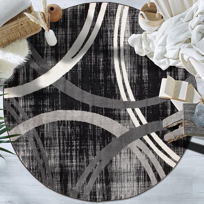 Rugshop Wavy Circles Modern Non-Shedding Living Room Round Rug Black 6'6"