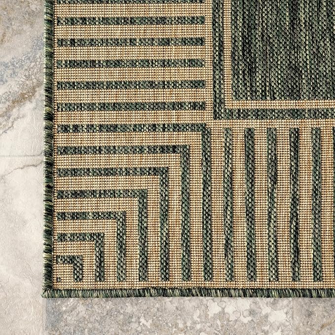 Nuloom Asha Green/Brown, 9'6" x 12', Casual, Striped Border, Soft and Cozy, High Traffic, Easy Clean, Durable Area Rug for Indoor/Outdoor Patio, Deck, Porch, Garden, Courtyard