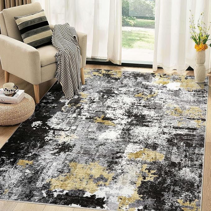 Abstract 7x9 Area Rug: Machine Washable Non Slip Ultra Thin Low-Pile Carpet, Soft Stain Resistant for Living Room Bedroom Nursery, Kid Pet Friendly, Robot Vacuum Compatible - Black Gold