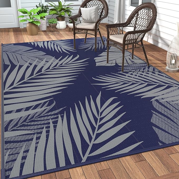 GENIMO Outdoor Rug, Waterproof Plastic Rugs for Patio, 5'x8' Blue Grey | Outside Larger Leaf Carpet Mat for Porch Decor, Deck, Balcony, Camping, RV, Backyard, Picnic, Beach, Reversible, Foldable