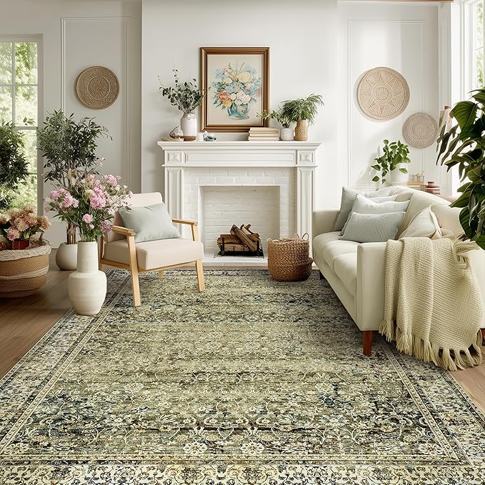 BILEEHOME Olive and Tan Rug for Bedroom Neutral Boho Farmhouse Floral Distressed Style Carpet Washable Soft Non Slip Area Rugs for Living Room Home Office,5x8