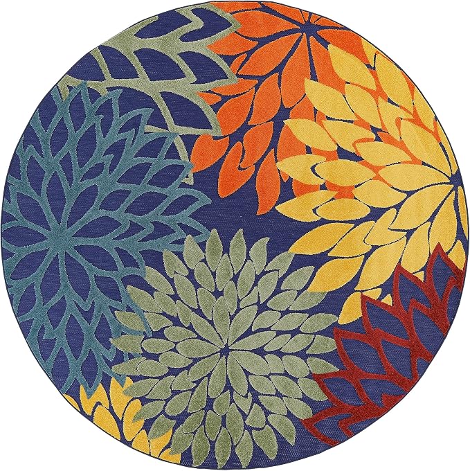 Nourison Home Aloha Navy Multicolor 7'10" x Round Area Rug - Easy Clean, Non Shedding, Bed Room, Living Room, Dining Room, Kitchen (8' x Round)