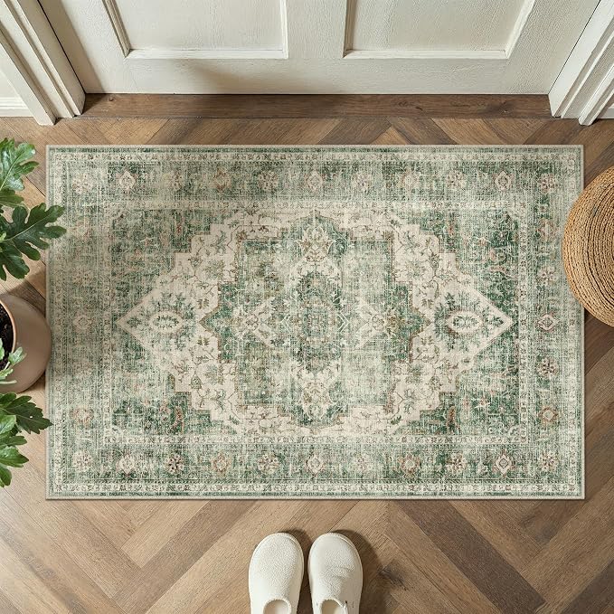 HUGEAR 2x3 Small Area Rugs Green Machine Washable Rug Entryway Rug Room Decor Vintage Distressed Indoor Door Mat Low Pile Non Slip Carpet for Kitchen Living Bedroom Soft Lightweight