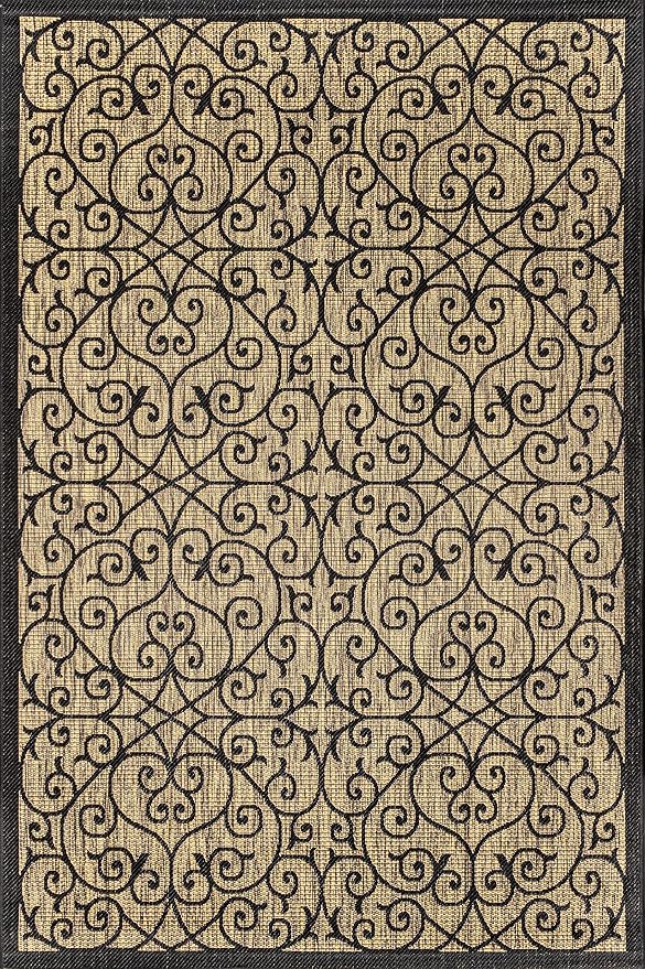 JONATHAN Y Vintage Filigree Indoor Outdoor Area Rug 6X9 Black/Khaki, Madrid Textured Weave for Backyard, Patio, Porch, Easy-Cleaning, High Traffic, Pet-Friendly, Non-Shedding (SMB107A-6)