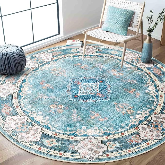 MUJOO Teal Round Rug 6ft,Circle Washable Area Rug Non Slip Low-Pile Floral | Large Circular Rugs for Bedroom Living Room Dining Room Boho Throw Carpet Soft Floor Indoor Flowers Blue Colorful
