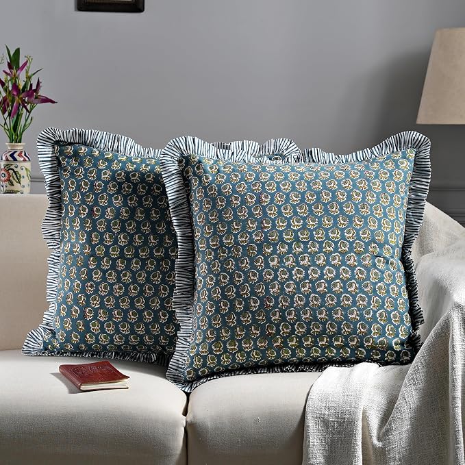 Ridhi Block Print Peacock Blue Throw Pillow Cover 16" x 16" (Pack of 2) Decorative Cushion Covers with Ruffle for Couch, Sofa, Bed, Living Room, Home Decor Gift for Spring, Easter, Valentine