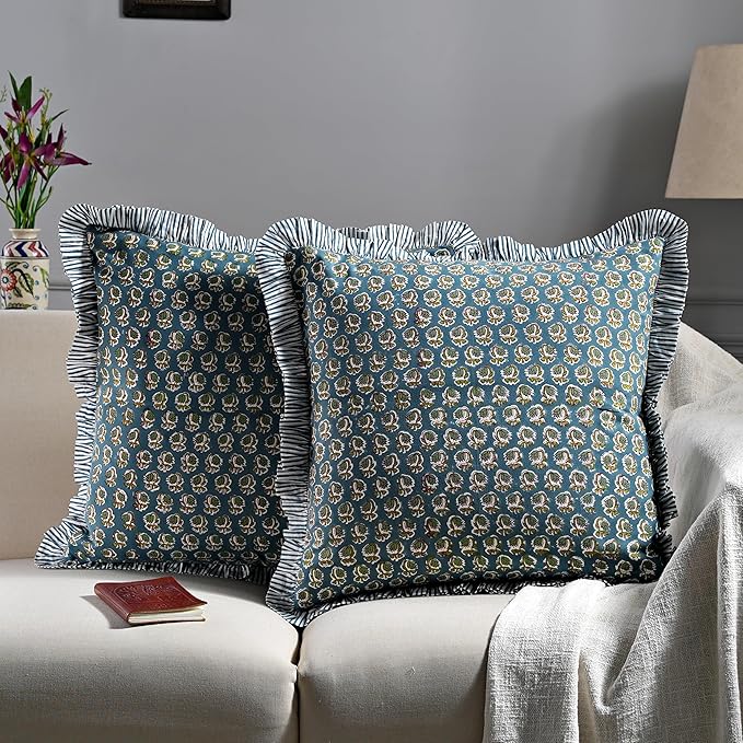 Ridhi Block Print Peacock Blue Throw Pillow Cover 24" x 24" (Pack of 2) Decorative Cushion Covers with Ruffle for Couch, Sofa, Bed, Living Room, Home Decor Gift for Spring, Easter, Valentine