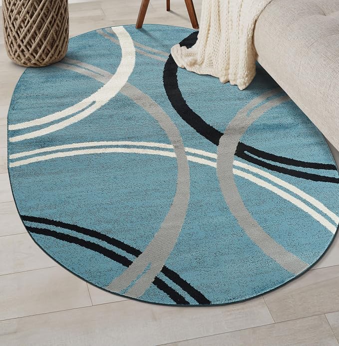 Rugshop Wavy Circles Modern Non-Shedding Living Room Oval Rug Blue 5' x 7'