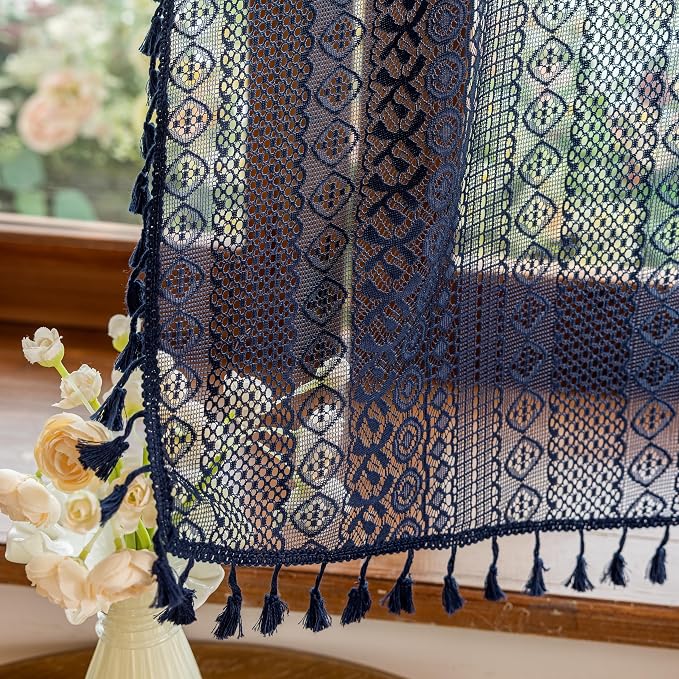 Sutuo Home Boho Lace Sheer Short Curtains Valance 2 Panels for Kitchen Window Curtains Over Sink, Closet Crochet Privacy Farmhouse Vintage Chic Handmade Tassels Rod Pocket, 50" W x 36" L Navy Blue
