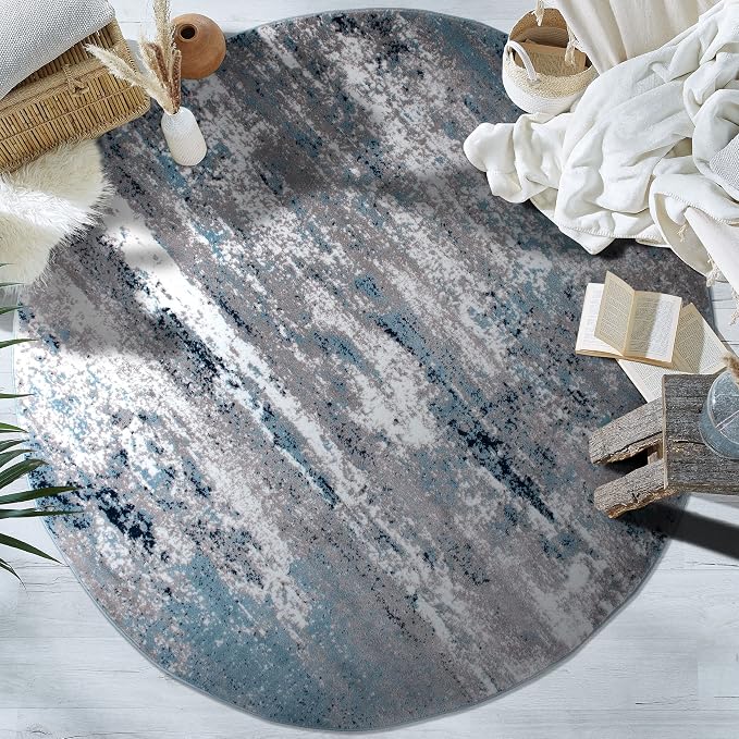 Rugshop Watercolor Distressed Modern Bohemian Abstract Round Rug Blue 8'