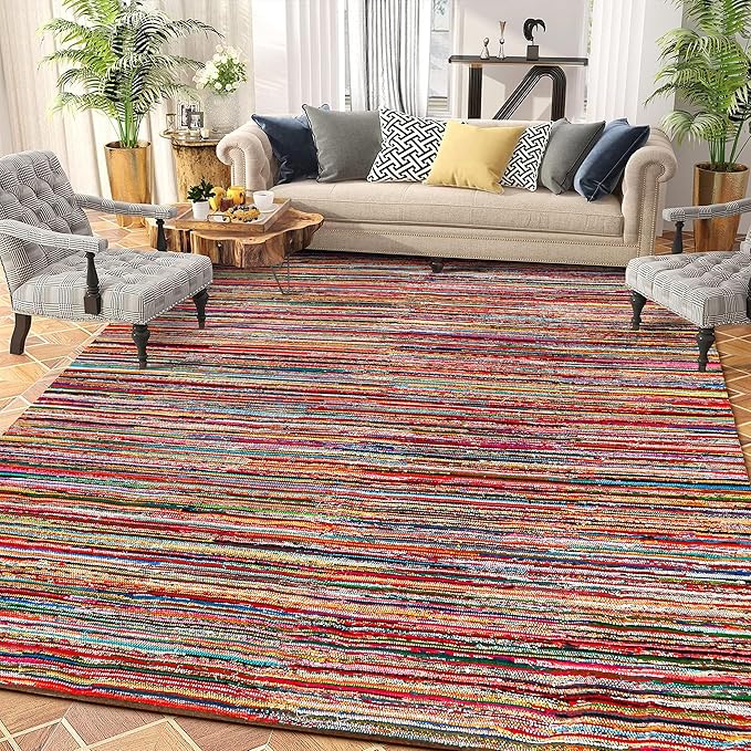Chindi Rug 8x10, Boho Living Room Woven Braided Multicolor Area Rugs 8x10, Bohemian Colorful Recycled Cotton Rag Rugs for Farmhouse, Bedroom, Dining Room, Classroom, Hallway