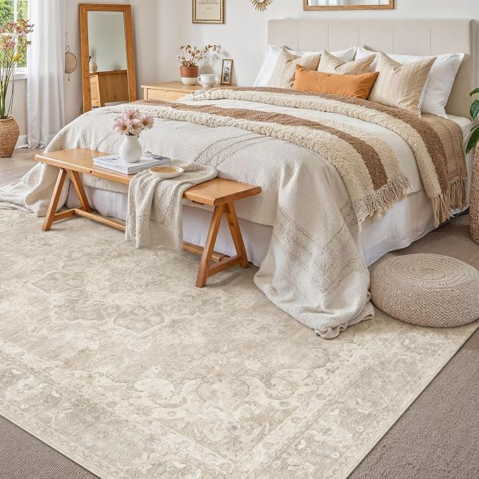 PureCozy 5x7 Area Rug Washable Beige Vintage Oriental Medallion | Non Slip, Soft Low Pile, Indoor Carpet for Bedroom, Living Room, Dining Room, Retro Decor
