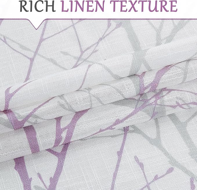 FMFUNCTEX Linen Lilac White Semi Sheer Print Curtains 72 Inch Long 2 Panels | Branch Sheer Patterned Drapes, Light Filtering Grommet Panels for Bedroom, Living Room, Basement, and Farmhouse Curtain