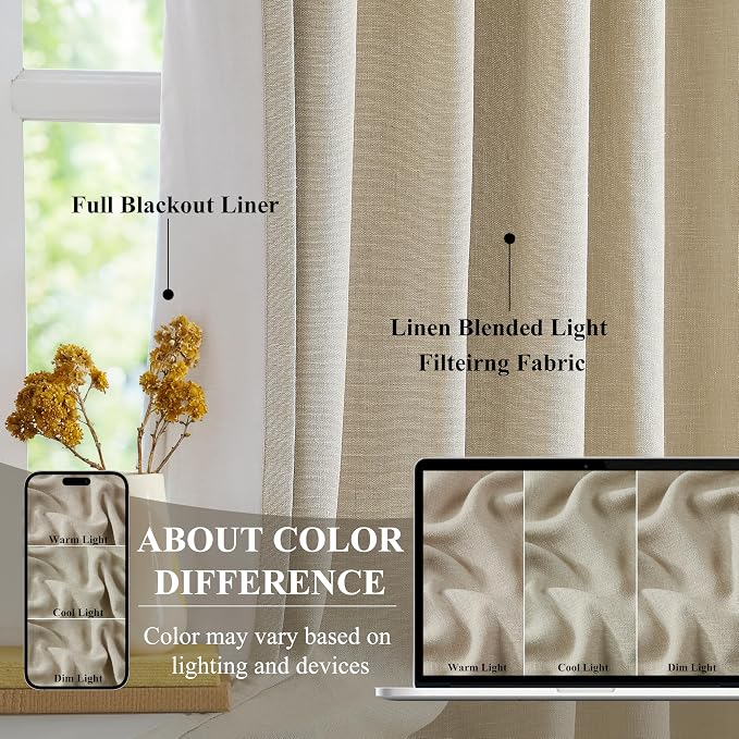WEST LAKE Sand Pinch Pleated Full Blackout Curtain Panels 120 Inches Length | French Pleat Linen Blended Room Darkening Drapes,Modern Window Treatment for Bedroom,40"Wx120"L(Pack of 2)