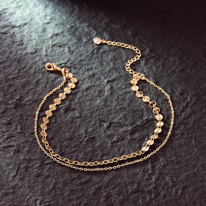 Dainty Gold Double Layer Disc Anklet for Women, 14K Gold Plated Sequin Chain Foot Bracelet, 8.5"+2" Adjustable Delicate Stackable Ankle Bracelet, Minimalist Summer Beach Jewelry Gift for Her