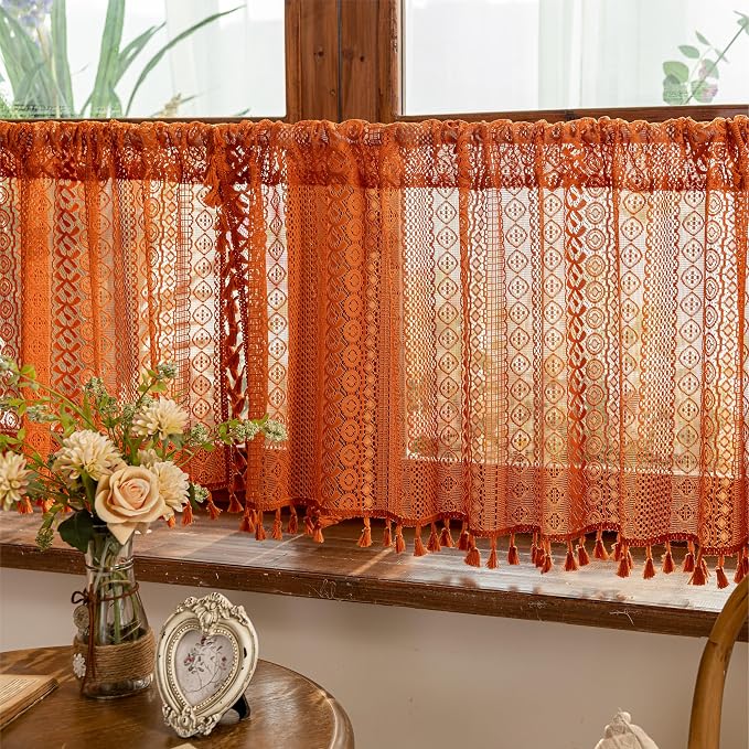Sutuo Home Terracotta Boho Short Curtains for Kitchen Window Curtains Over Sink, Burnt Orange Crochet Privacy Farmhouse Lace Sheer Vintage Tassels Retro Halloween Rod Pocket,2 Panels 50" W x 18" L