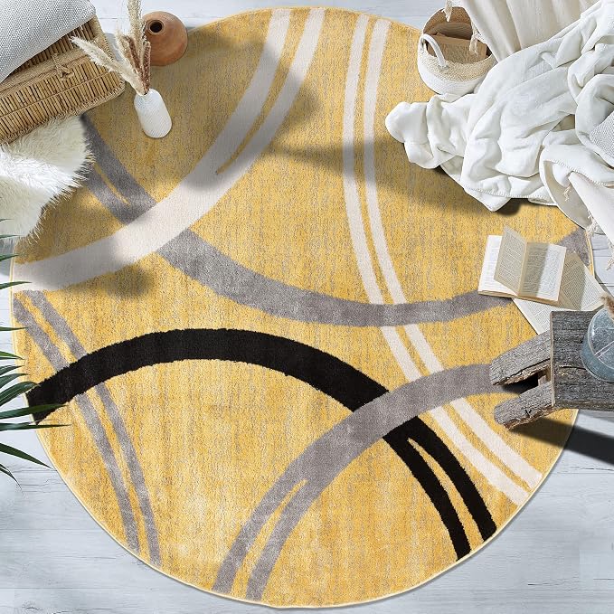 Rugshop Wavy Circles Fade-Resistant Living Room Round Rug Yellow 6'6"