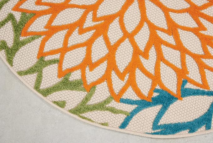 Nourison Home Aloha Indoor/Outdoor Multicolor 5'3'' x Round Area--Rug, Tropical, Botanical, Easy--Cleaning, Non Shedding, Bed Room, Living Room, Dining Room, Deck, Backyard, Patio (5 Round)