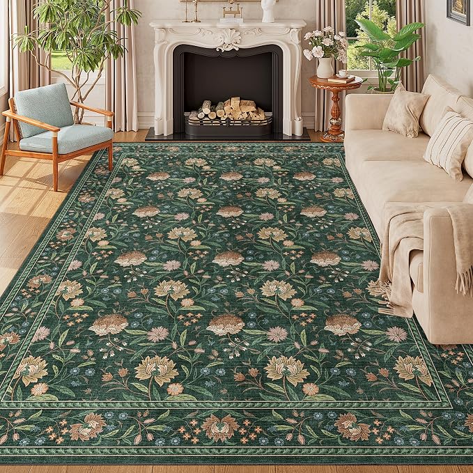 DUKINO 8x10 Area Rug, Vintage Floral Washable Rugs for Living Room, Green | Non Slip, Low Pile, Non-Shedding, Stain Resistant Boho Soft Indoor Large Carpet for Bedroom Dining Room Farmhouse, Home Decor