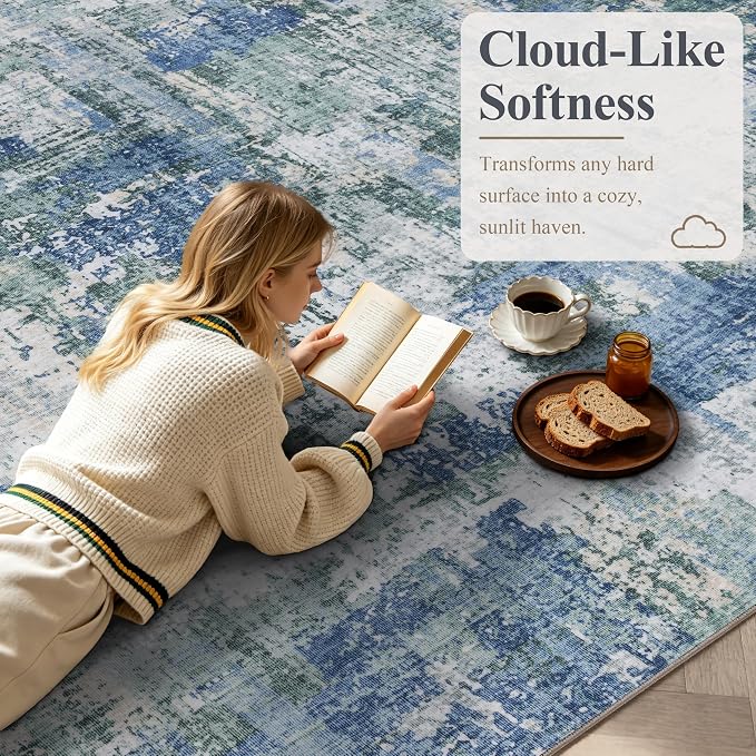 Sasttie 2x12 Soft Runner Rug for Entryway, Modern Abstract Washable Carpet for Hallway, Kitchen and Laundry Room, with Non-Slip Backing, Blue and Green